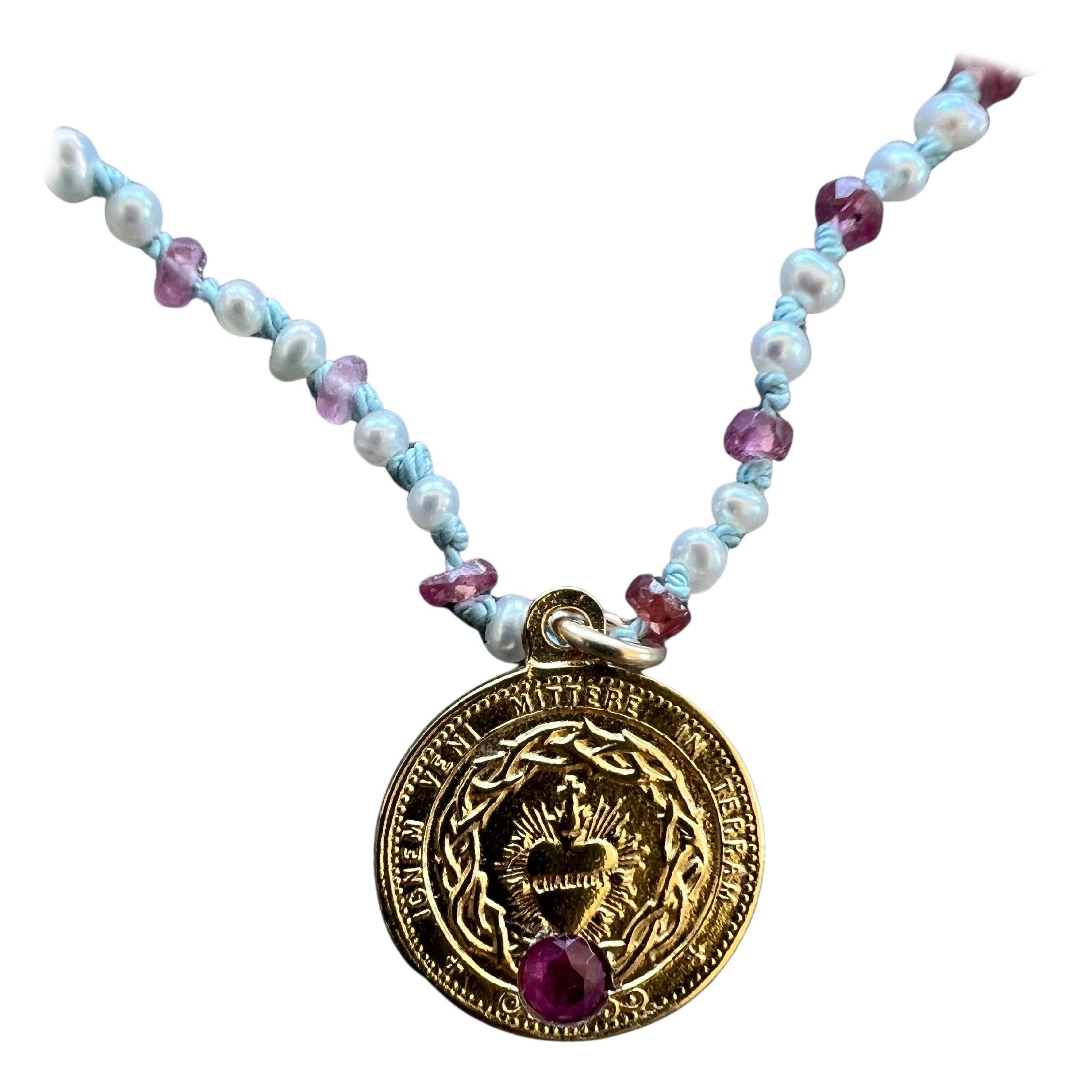 Choker-Halskette mit rosa Turmalin, Heiligem Herz, weißer Perle, Opal, Rubin, Perlen