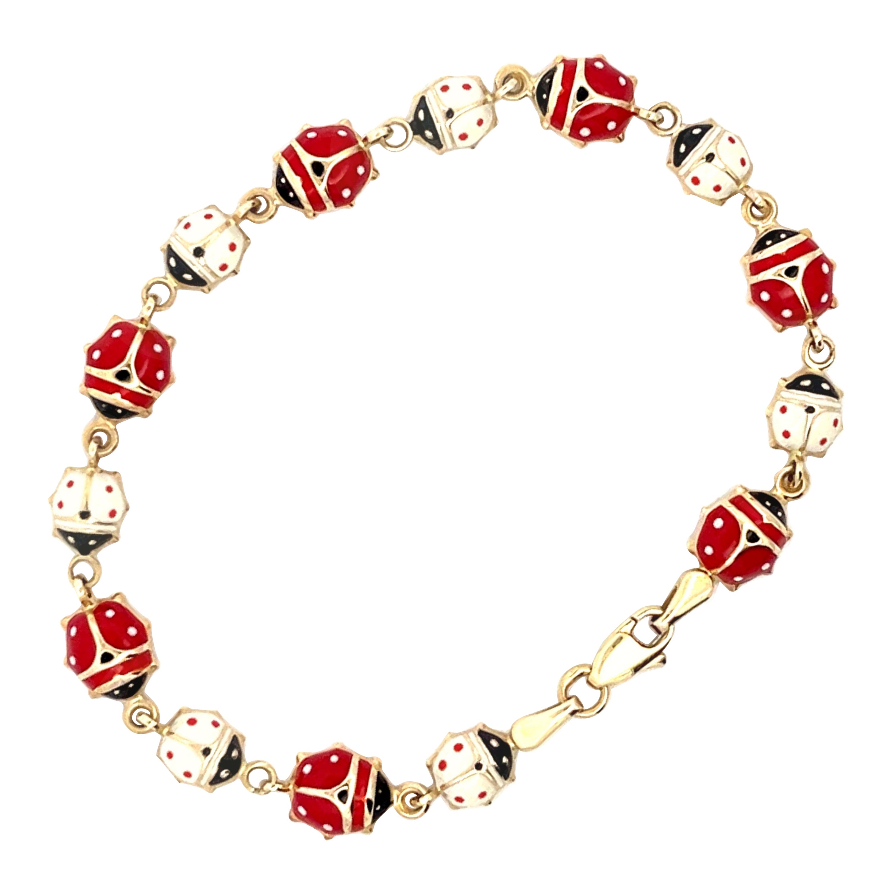 Red and White Enamel Ladybug Bracelet in 14k Yellow Gold