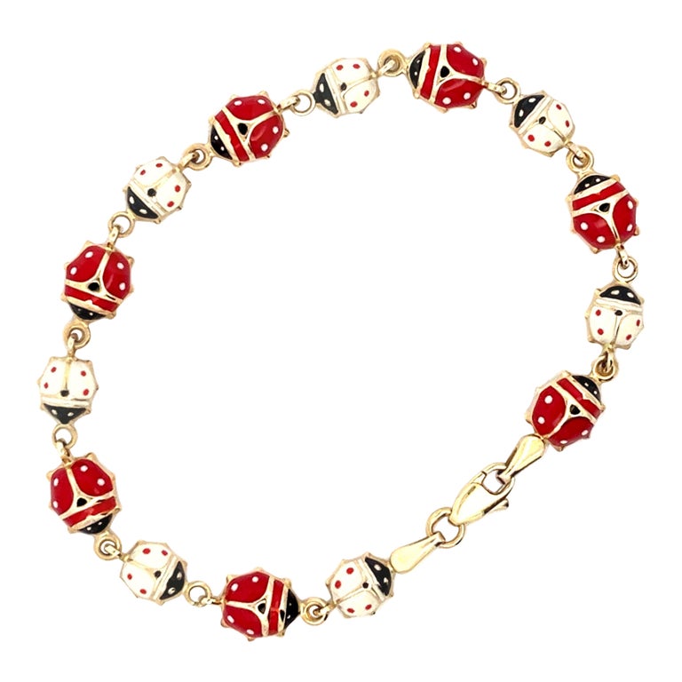 Red and White Enamel Ladybug Bracelet in 14k Yellow Gold For Sale at