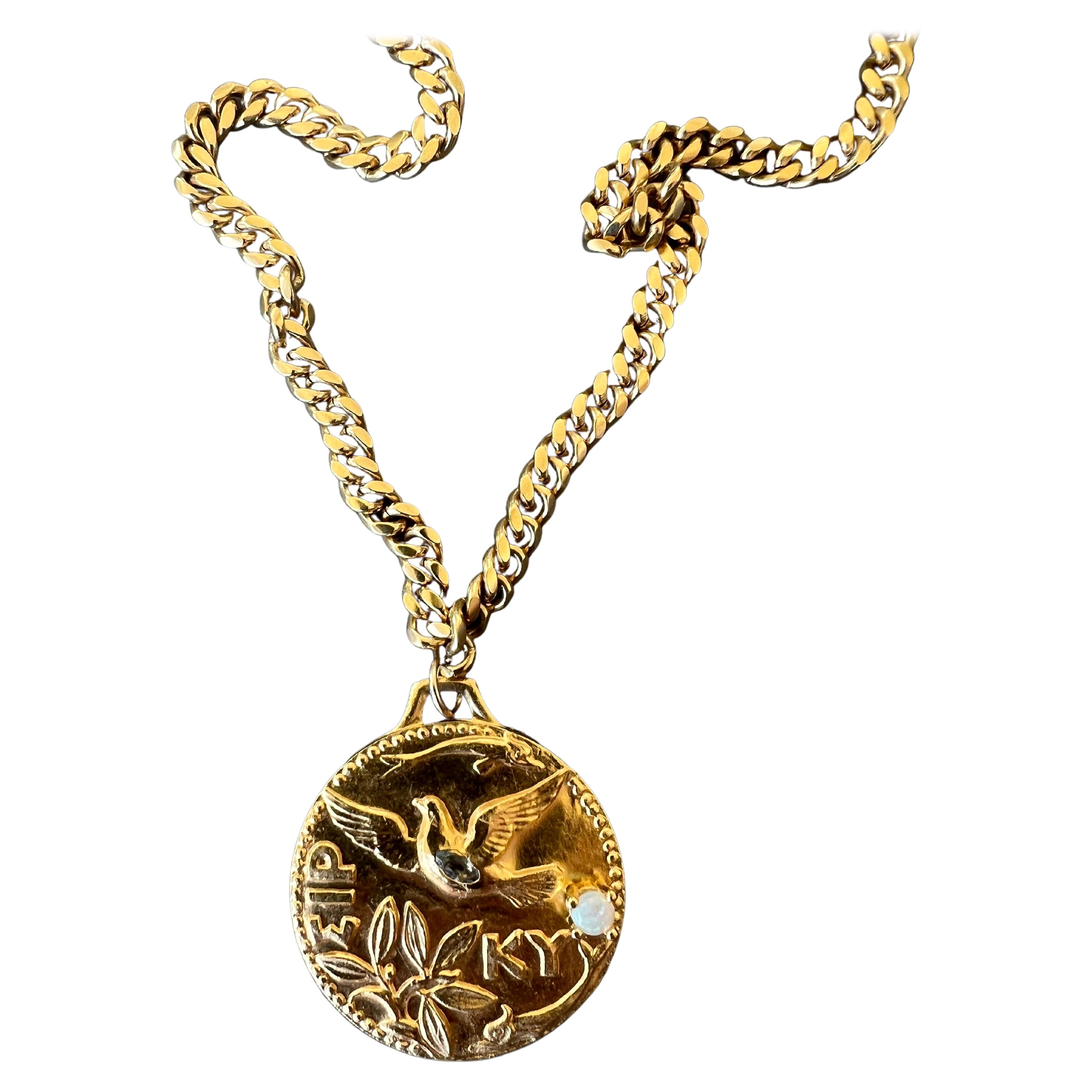 Medaillon-Halskette mit Opal-Aquamarin-Anhänger, griechische Taube, vergoldet J Dauphin