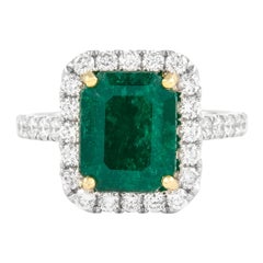 GIA 3.49 Carat Emerald and Diamond Halo Ring 18k Gold