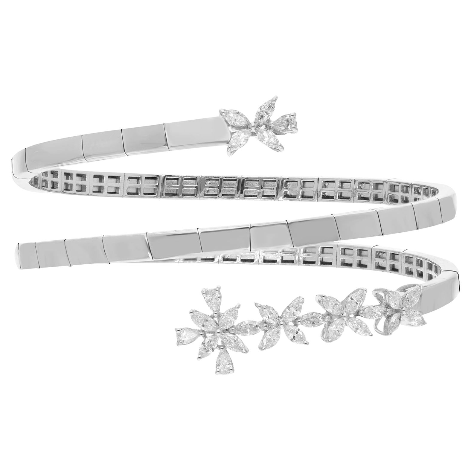 Marquise Diamond Wrap Bangle Bracelet 18 Karat White Gold Handmade Fine Jewelry For Sale