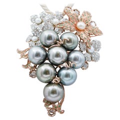 Spilla/Ciondolo en Oro Rosa E Argento Con Diamanti, Zavorite E Perle