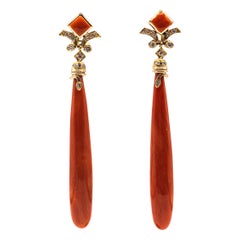 Art Deco Mediterranean Red Coral White Diamond Yellow Gold "Snake" Earrings