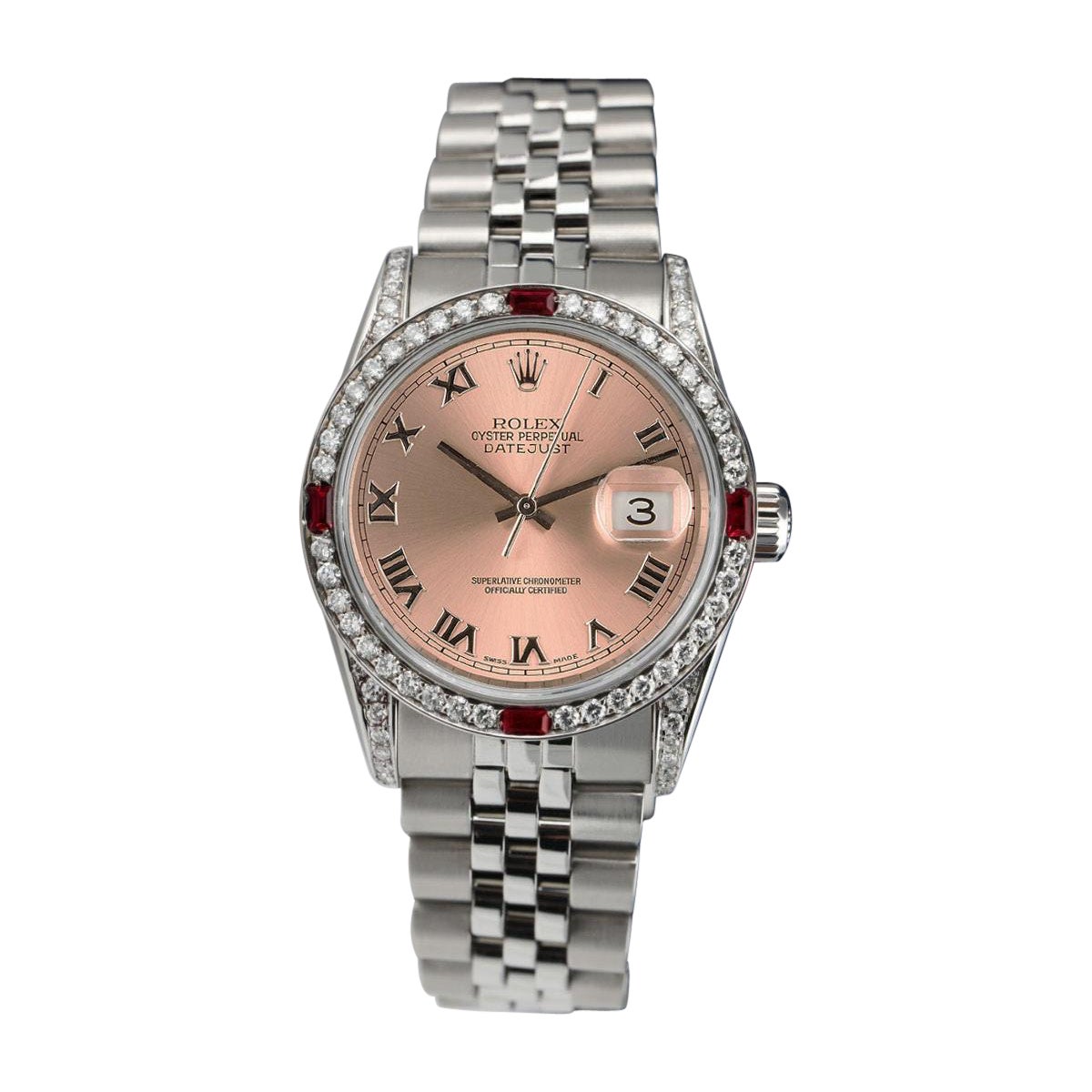 Rolex 31mm Datejust Lachsfarbene römisches Zifferblatt mit Diamanten und Rubinen Stahluhr