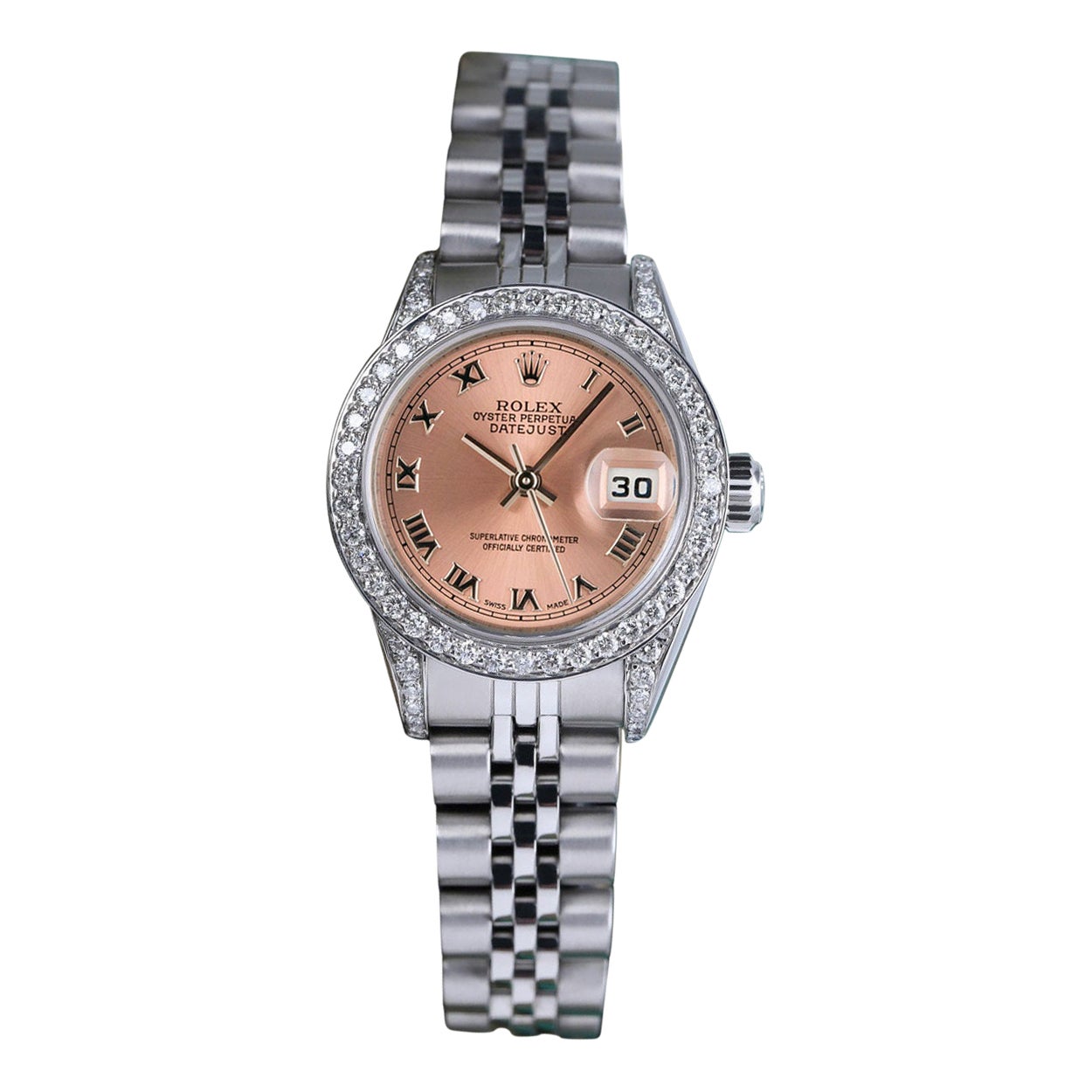 Rolex 26mm Datejust Lachs römisches Zifferblatt Diamant Lünette und Laschen Stahl Uhr