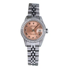Reloj de acero Rolex Datejust 26mm Esfera romana salmón Bisel de diamantes y pasadores