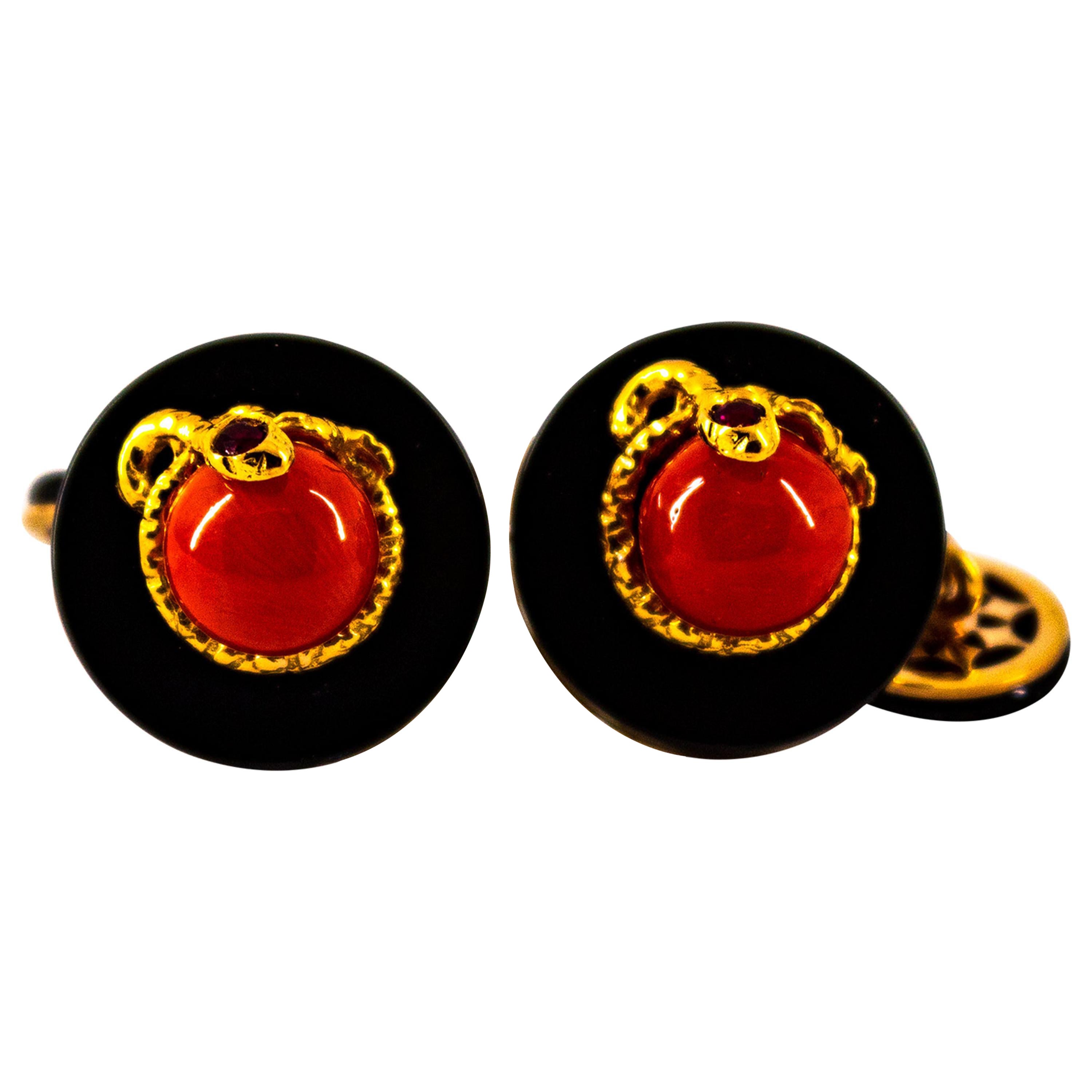 Art Deco Style Mediterranean Red Coral Onyx Ruby Mother of Pearl Gold Cufflinks For Sale