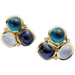 Fuscata Chalcedony Iolite Blue Topaz Gold Earrings