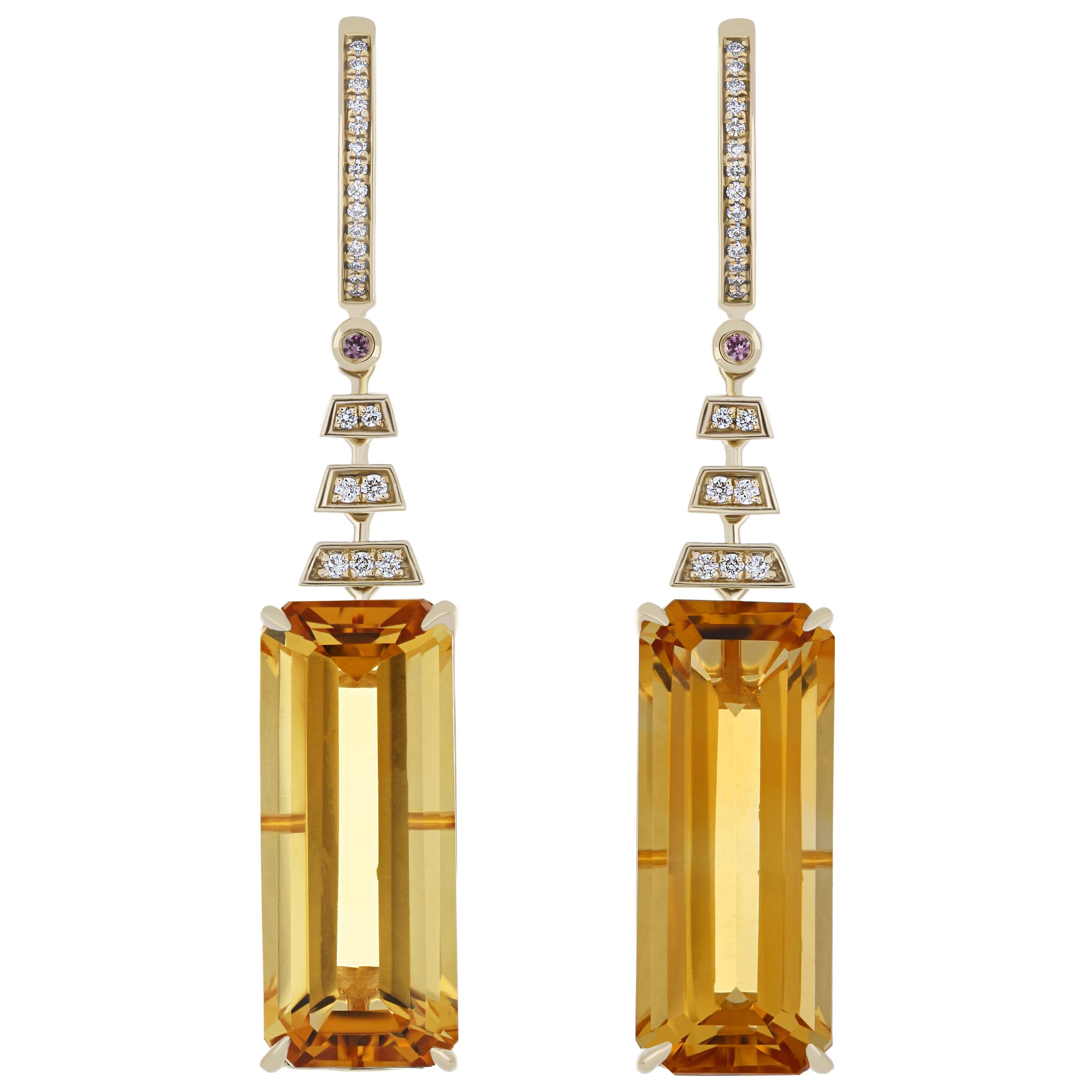 15.55CTs Citrine, Pink Sapphire and Diamond Earring in 14Karat Yellow Gold 
