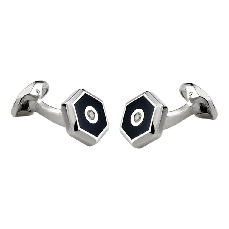 Sterling Silver Hexagonal Cufflinks with Onyx and Diamond For Sale