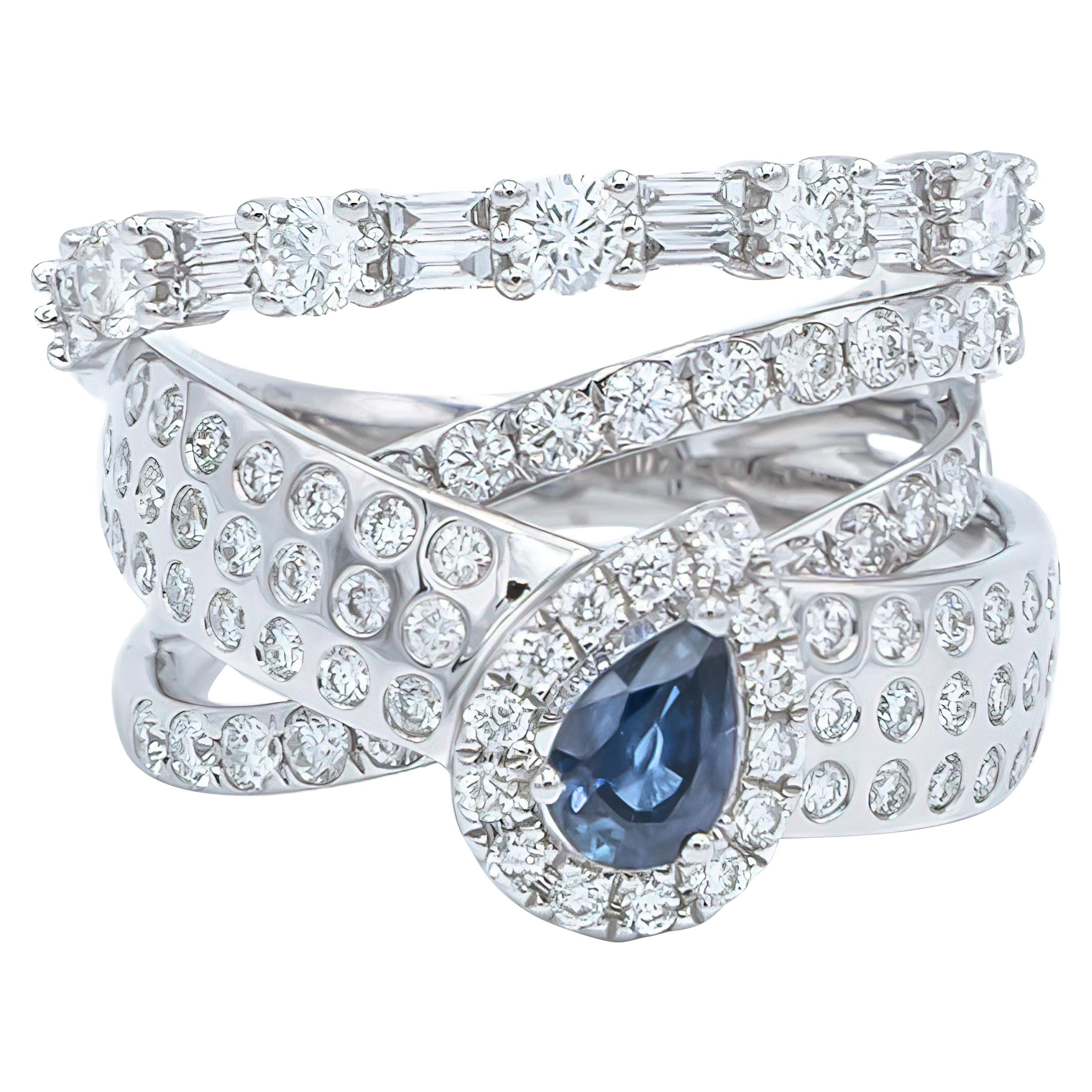 Pear Shaped Blue Sapphire in Multi Layered and Shapes Diamond Cocktail Ring For Sale