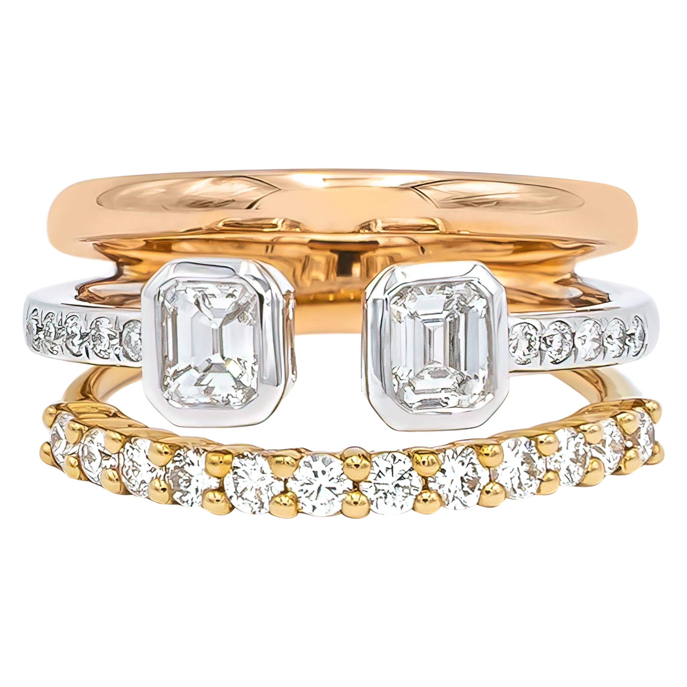 Emerald Cut Diamond Bezel Gapped Set in Fancy Triple 18k Gold Band Cocktail Ring For Sale