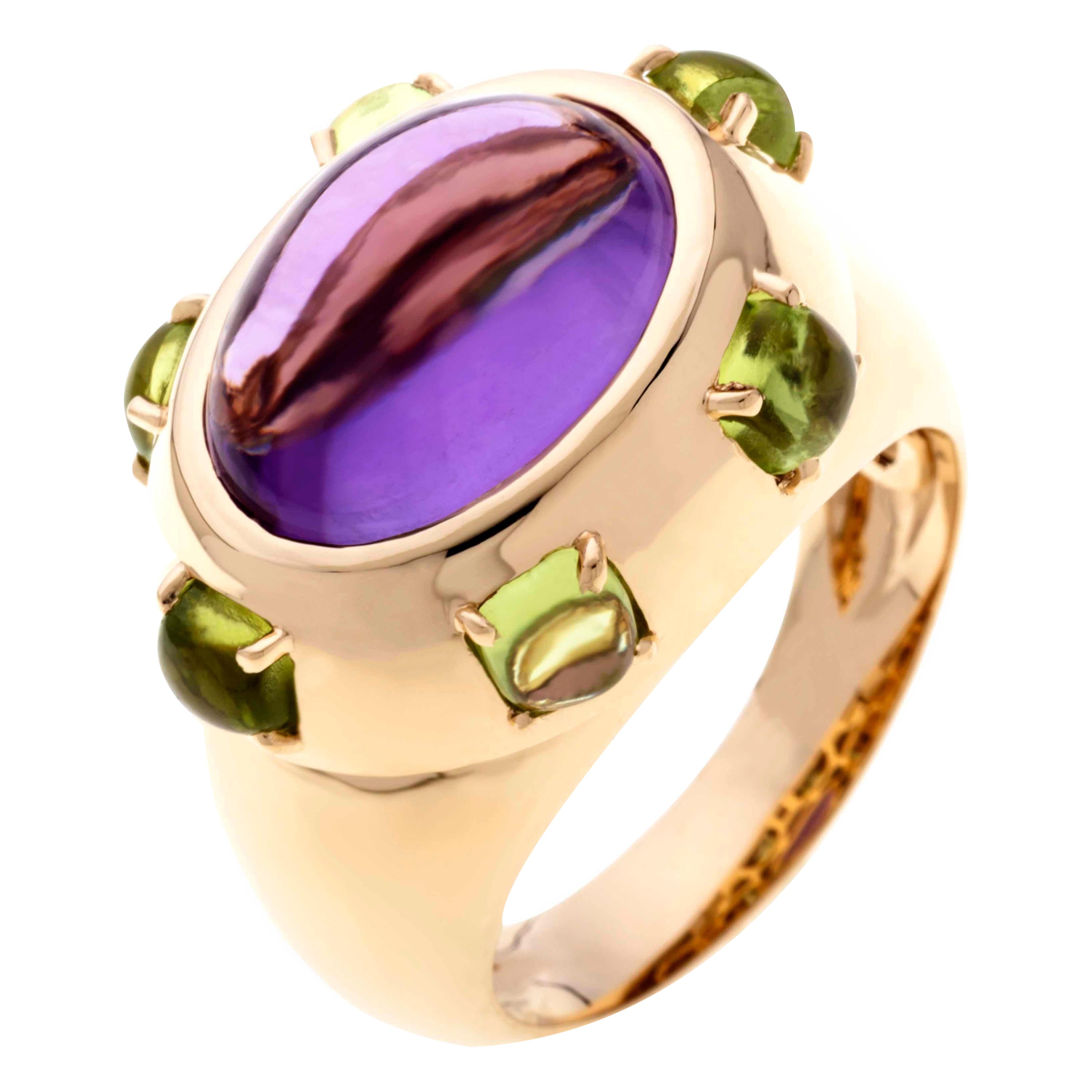 Sassi Fine Jewellery, Secret of Berenice Amethyst and Peridot Gold Cocktail Ring For Sale