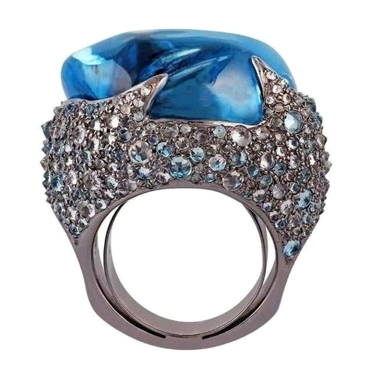 Antique Victorian Blue Topaz, White Topaz, Diamond Ring in Gold & Silver For Sale