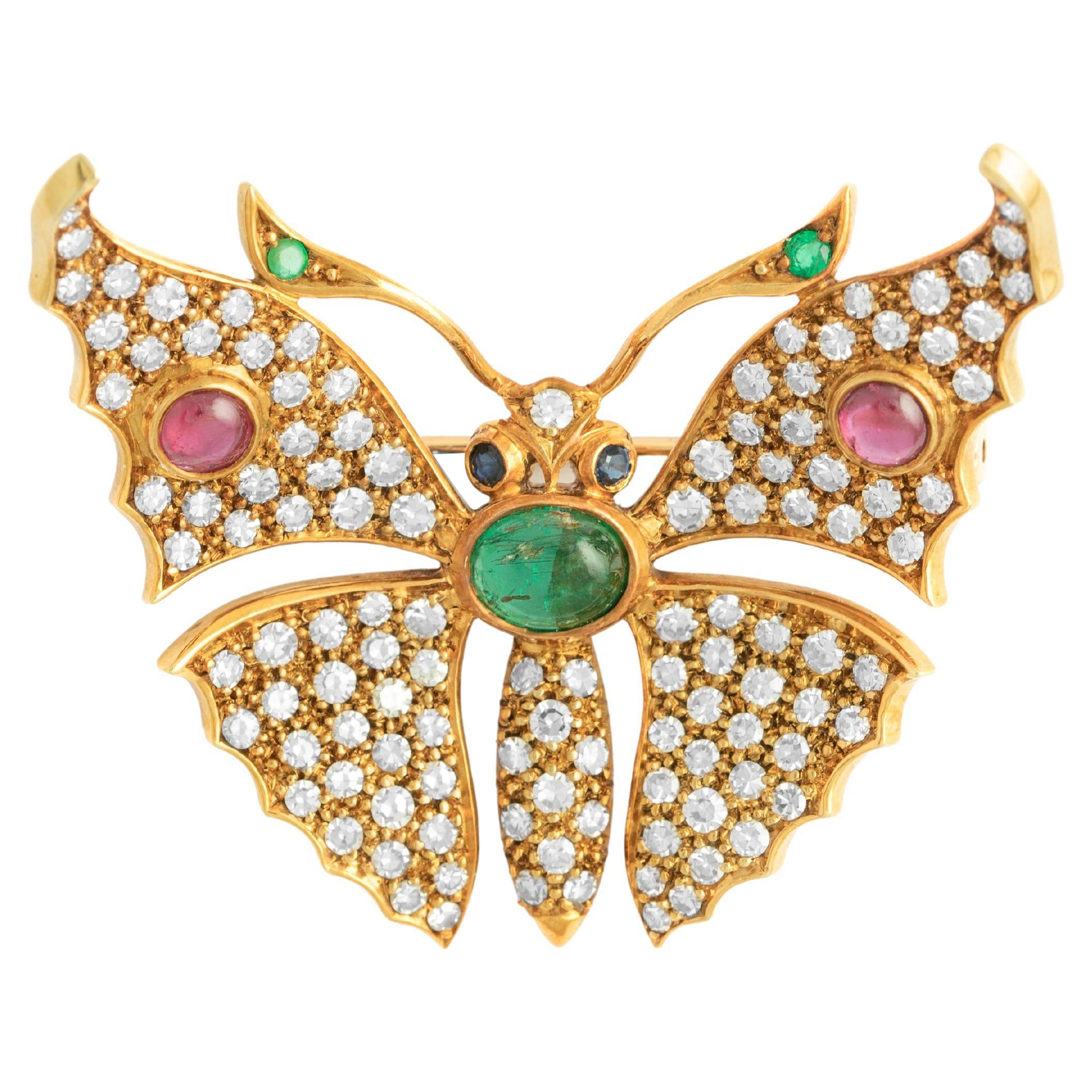 Butterfly Diamond Sapphire Emerald Ruby Yellow Gold 18k Brooch For Sale