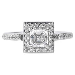 Bague de fiançailles Art Déco en platine avec diamant taille Asscher de 0,75 carat certifié par le GIA