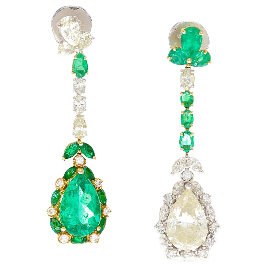 10 Carat Pear Cut Mirrored Emerald and Diamond Drop Earrings in 18k Gold