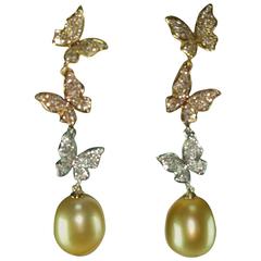 Natural Color South Sea and Golden Pearl Diamond Gold Butterfly Dangle Earrings 7