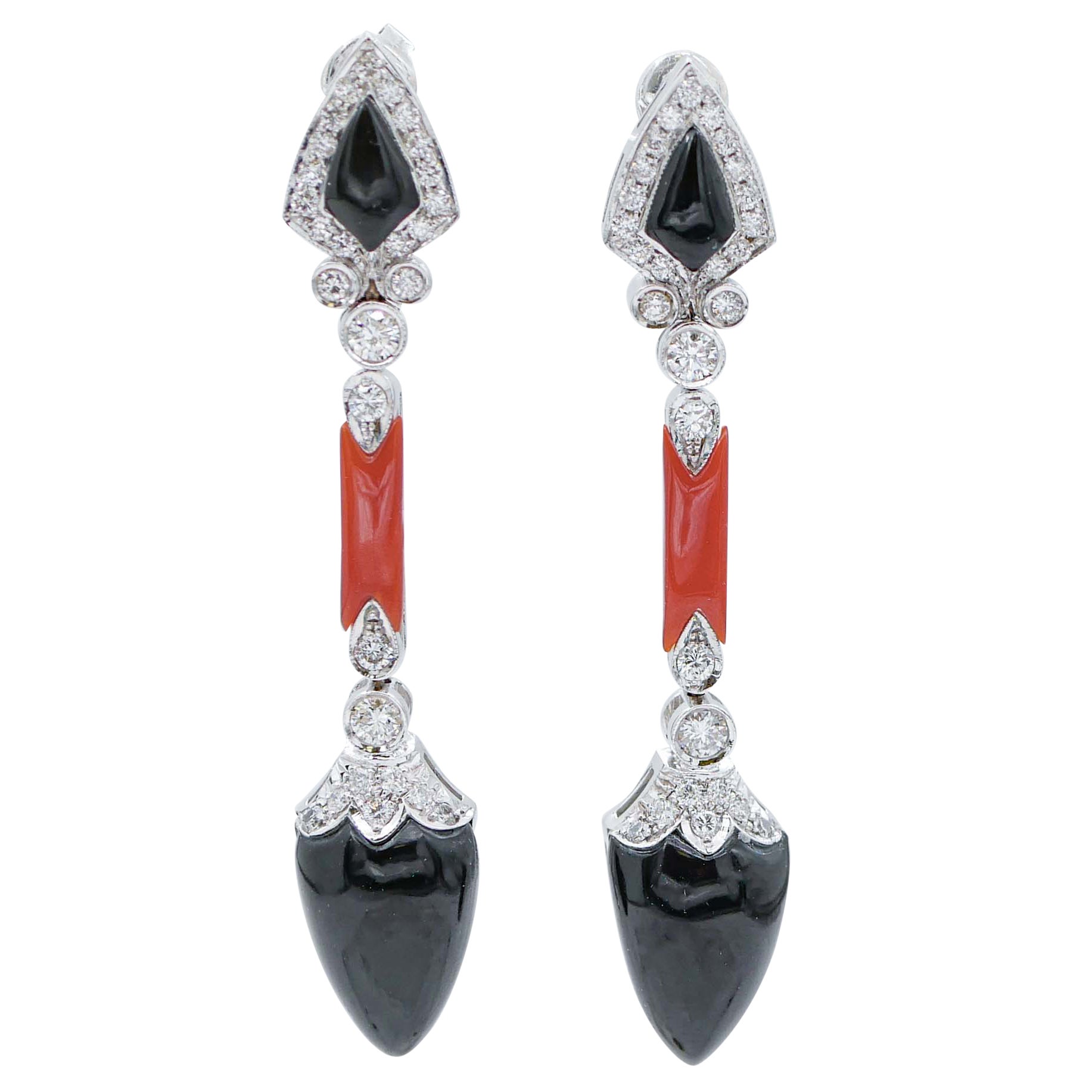 Coral, Onyx, Diamonds, 18 Karat White Gold Dangle Earrings