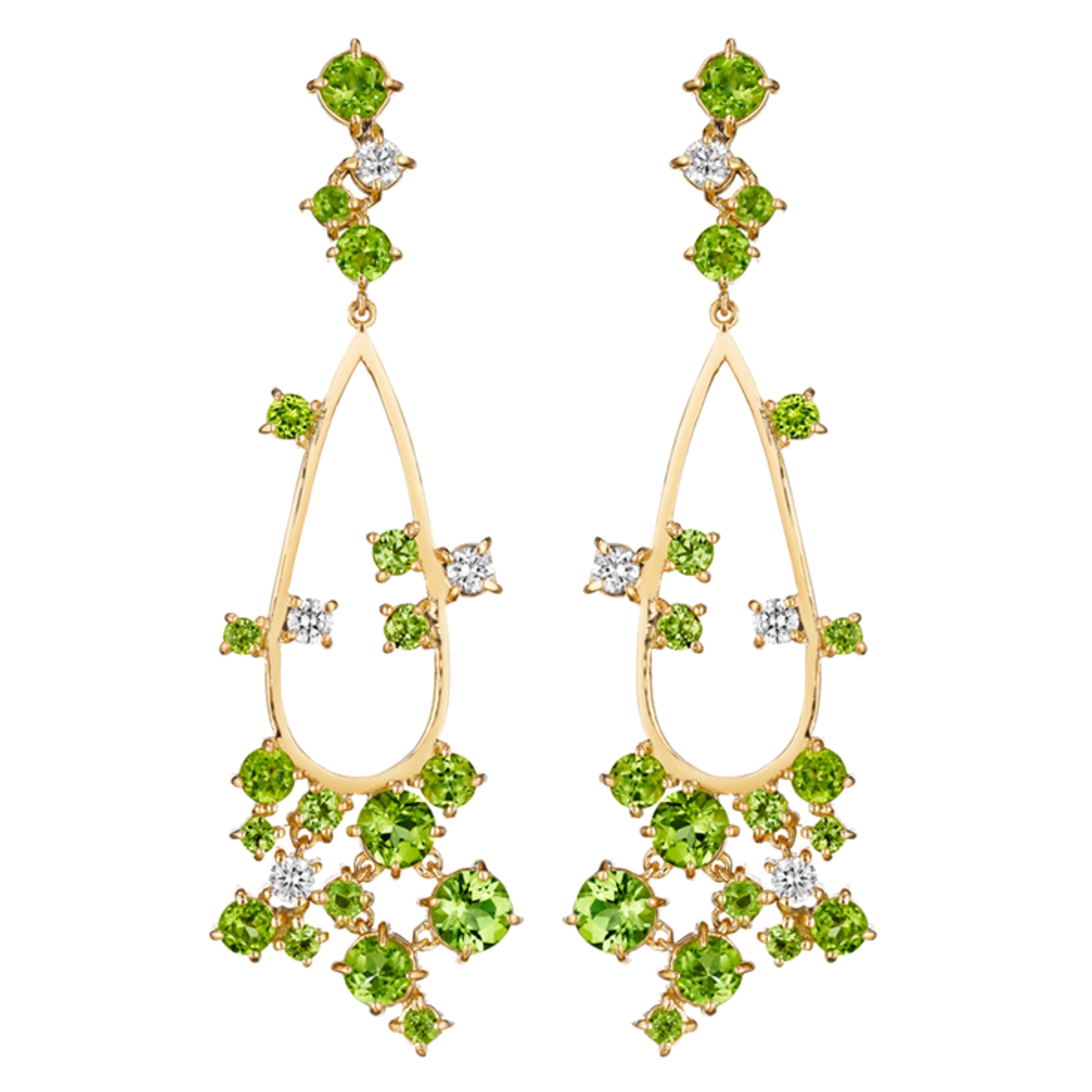 Melting Ice 18k Yellow Gold Peridot and Diamond Earrings by MadStone For Sale