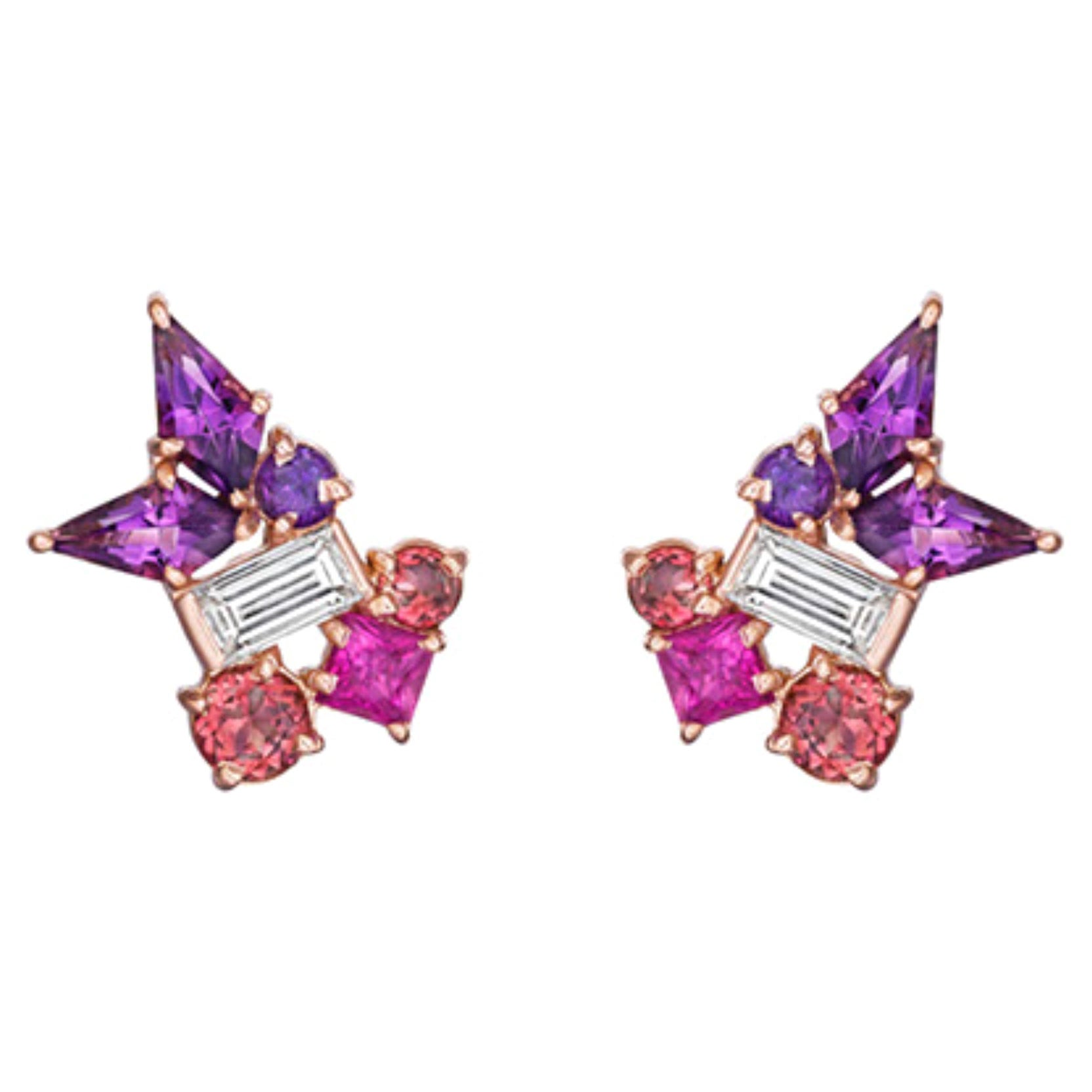 Melting Ice Amethyst and Pink Sapphire Earrings by MadStone For Sale