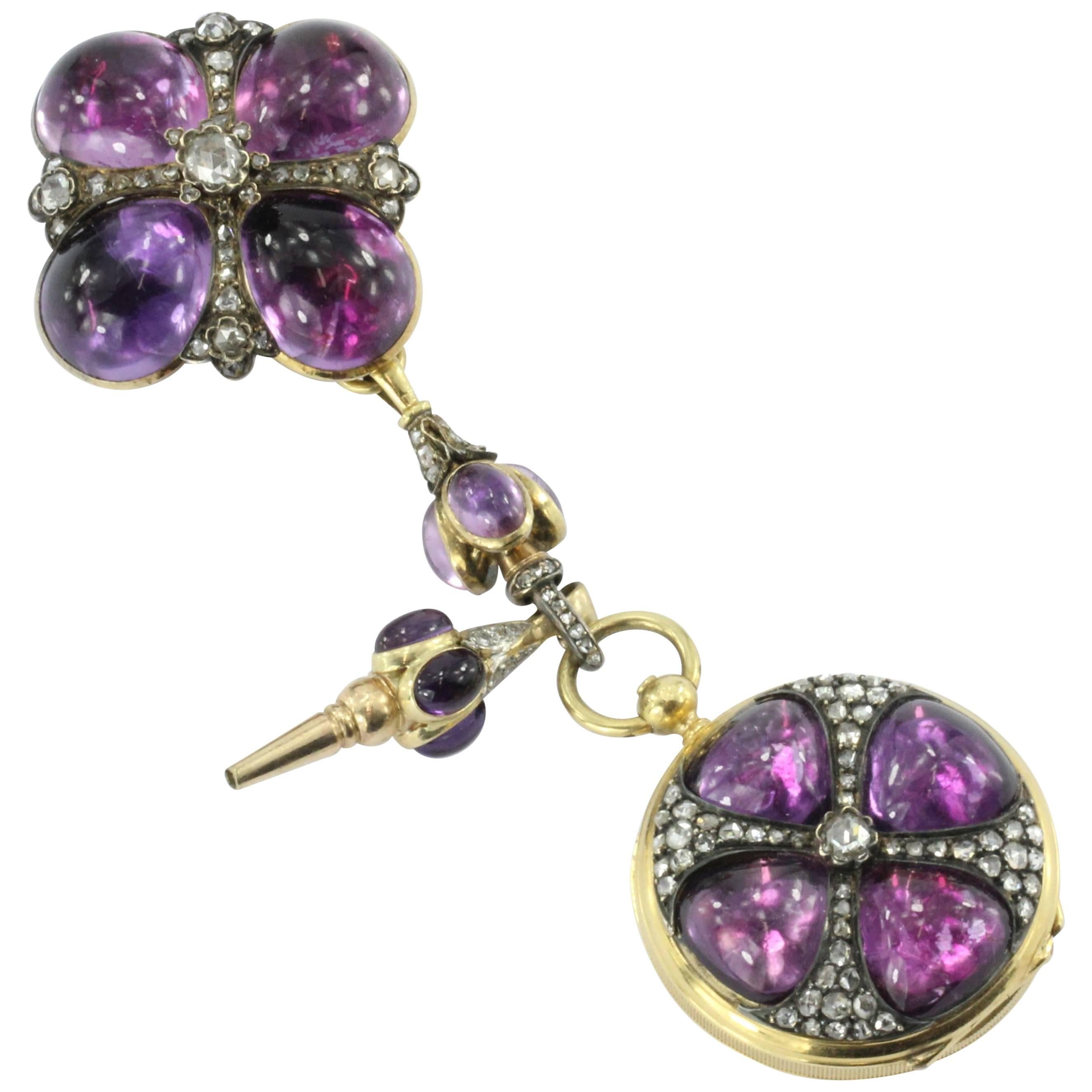 French Gothic Revival Amethyst Rose Cut Diamond Gold Pocket Watch