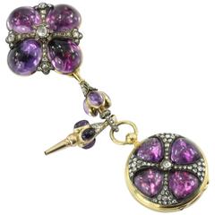 French Gothic Revival Amethyst Rose Cut Diamond Gold Pocket Watch