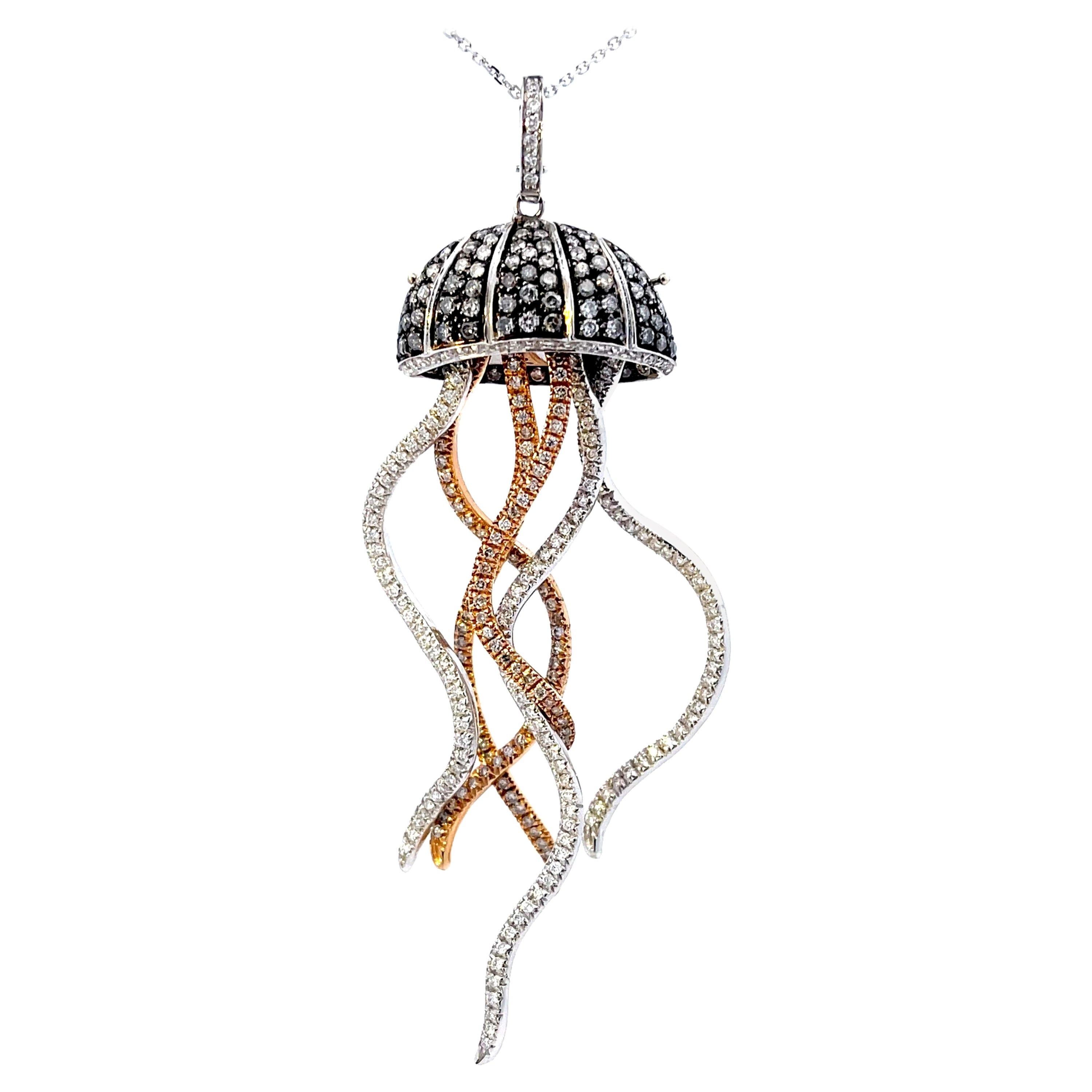 Diamond Jellyfish Necklace in 18k White Black and Rose Gold