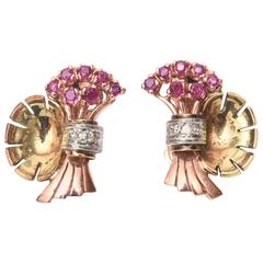 Retro Ruby Diamond Gold Clip-On Earrings