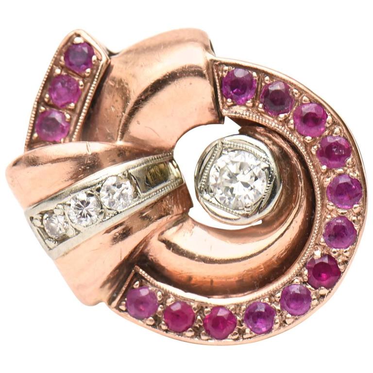 Retro Ruby, Diamond and Rose Gold Cocktail Ring For Sale at 1stdibs