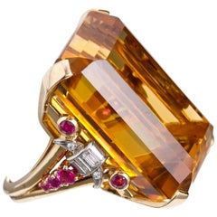 Retro 75 Carat Citrine Ruby Diamond Two Color Gold Ring