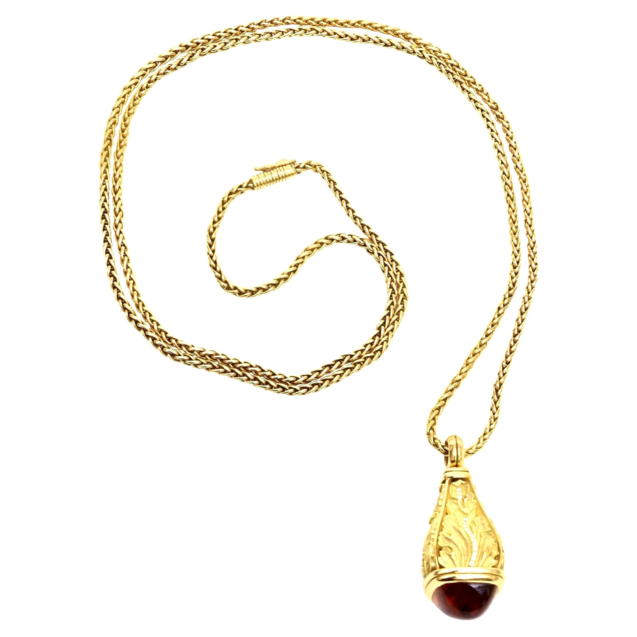 European 18 Karat Gold, Citrine and Diamond Drop Pendant Chain Link Necklace For Sale