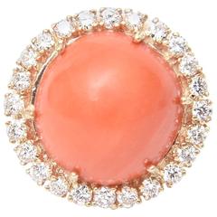  Stunning Vintage Coral, Diamond and 14 Karat Yellow Gold Dome Cocktail Ring