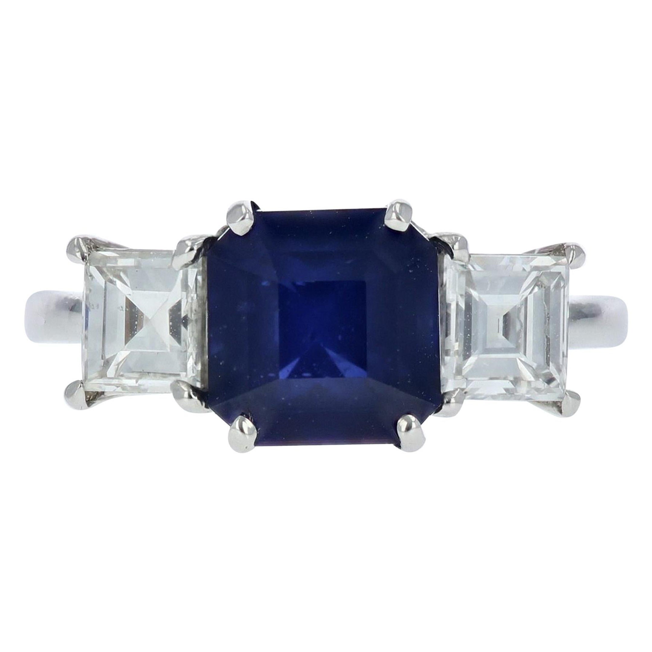 Square Emerald Cut Sapphire and Diamond Three-Stone Ring For Sale