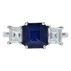 Square Emerald Cut Sapphire and Diamond Three-Stone Ring