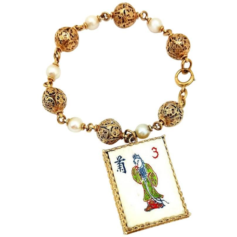 Pearl Gold Bracelet With Mahjong Tile Charm For Sale