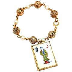 Vintage Pearl Gold Bracelet With Mahjong Tile Charm 