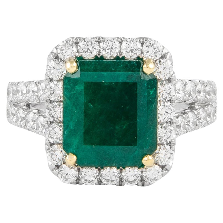 GIA 4.15 Carat Emerald and Diamond Halo Ring 18k Gold For Sale