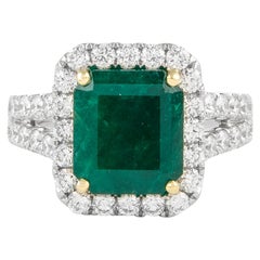GIA 4.15 Carat Emerald and Diamond Halo Ring 18k Gold