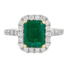 GIA 2.42 Carat Emerald and Diamond Halo Ring 18k Gold