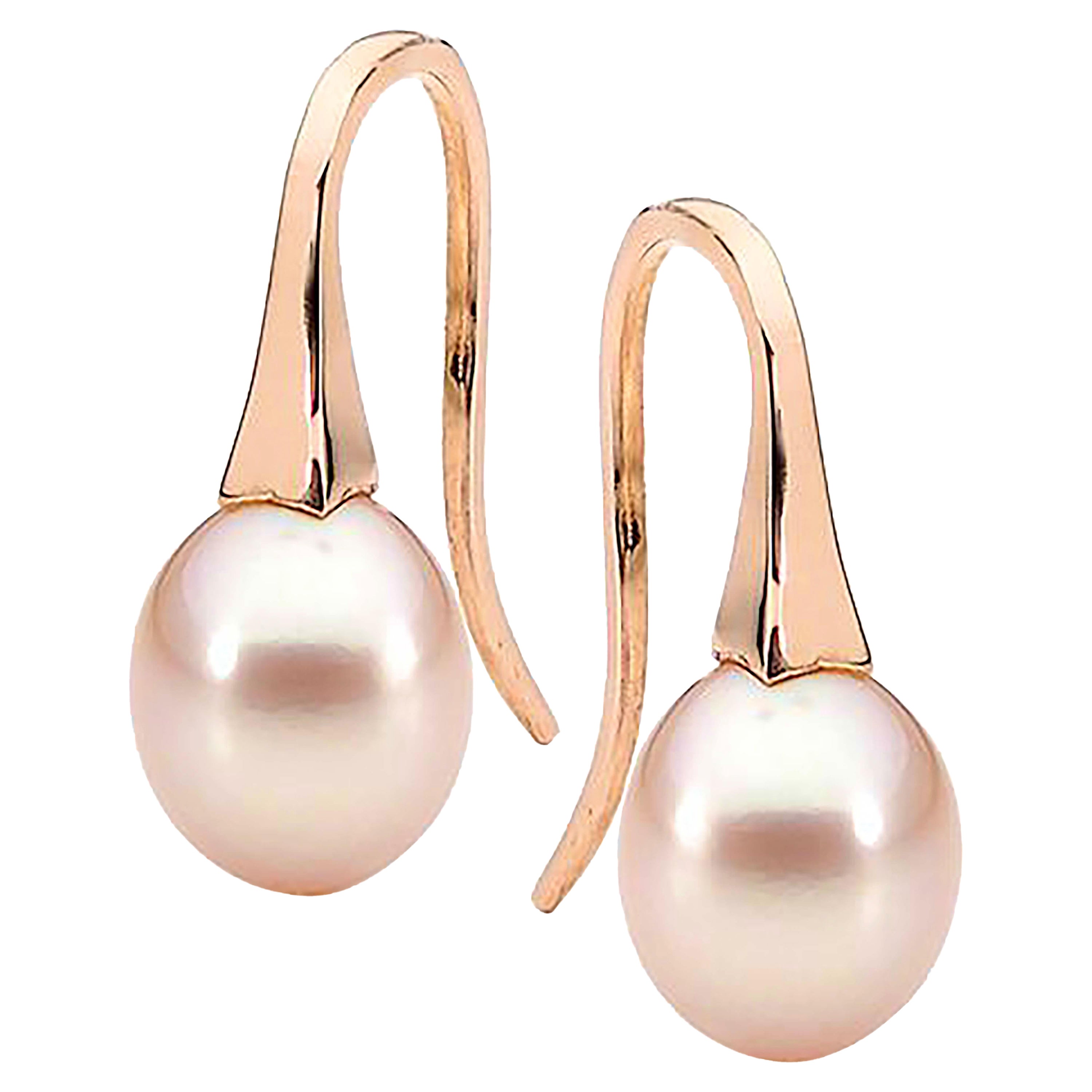 Boucles d'oreilles pendantes en or rose 9k avec petites perles d'eau douce roses et naturelles