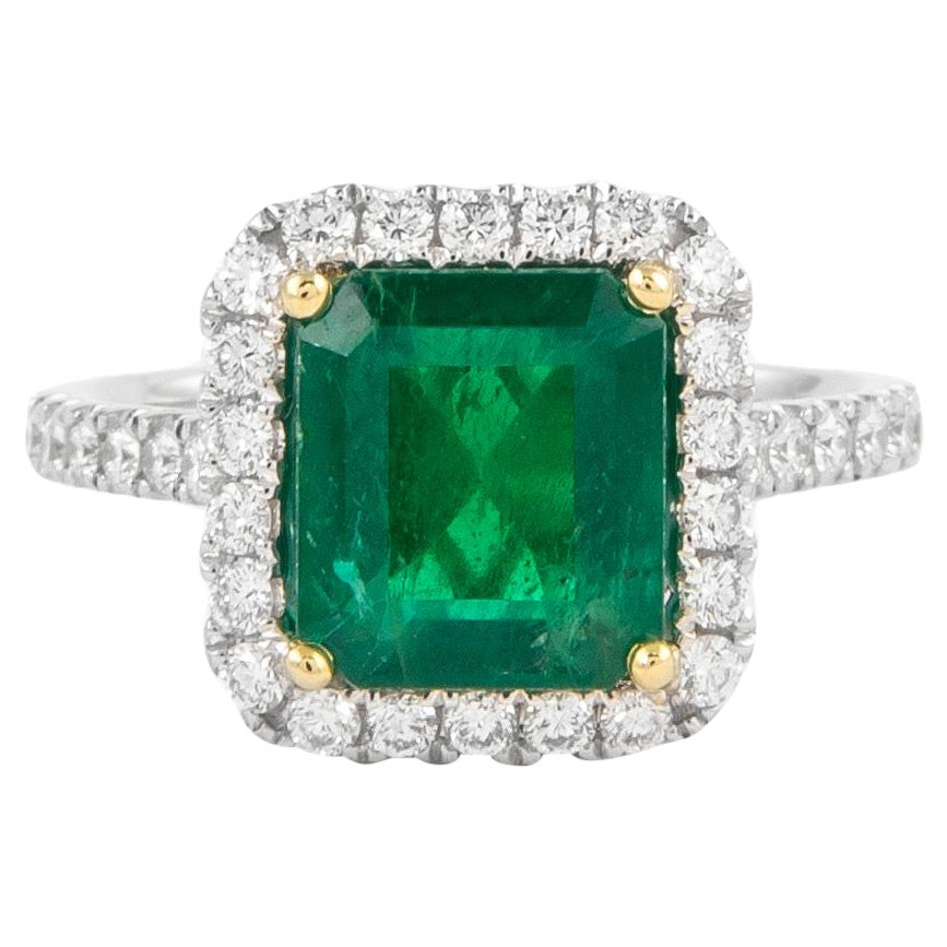 GIA 3.10ctt Emerald and Diamond Halo Ring 18k Gold For Sale