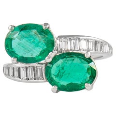 Retro 2.62 Carat Emerald and Diamond Bypass Ring 18k White Gold