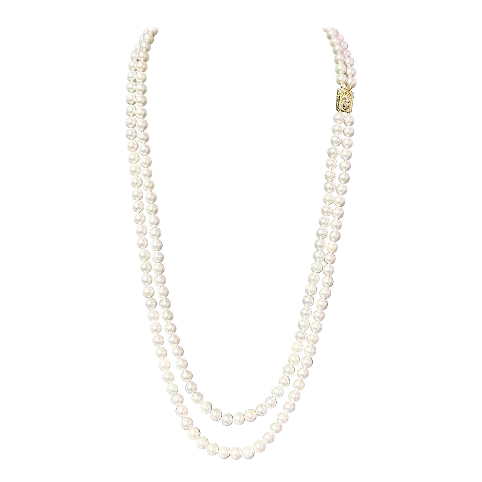 Akoya Pearl Diamond Double Stranded Necklace 14k Y Gold Certified For Sale