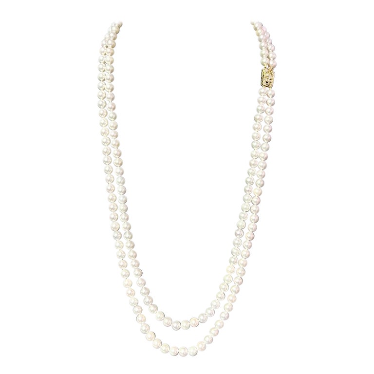 Akoya Pearl Diamond Double Stranded Necklace 14k Y Gold Certified For Sale at 1stDibs