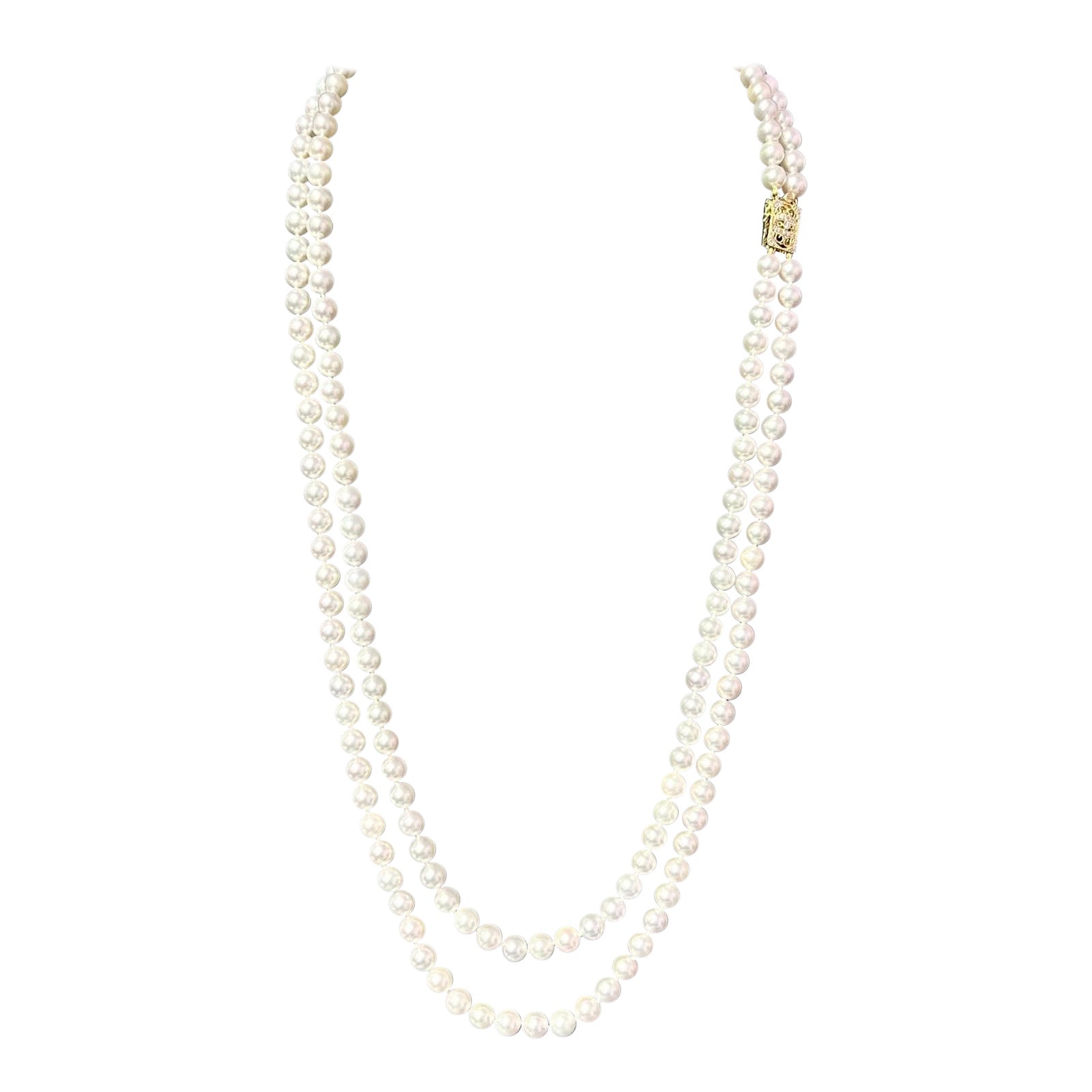 Akoya Pearl Diamond Double Stranded Necklace 14k Y Gold Certified