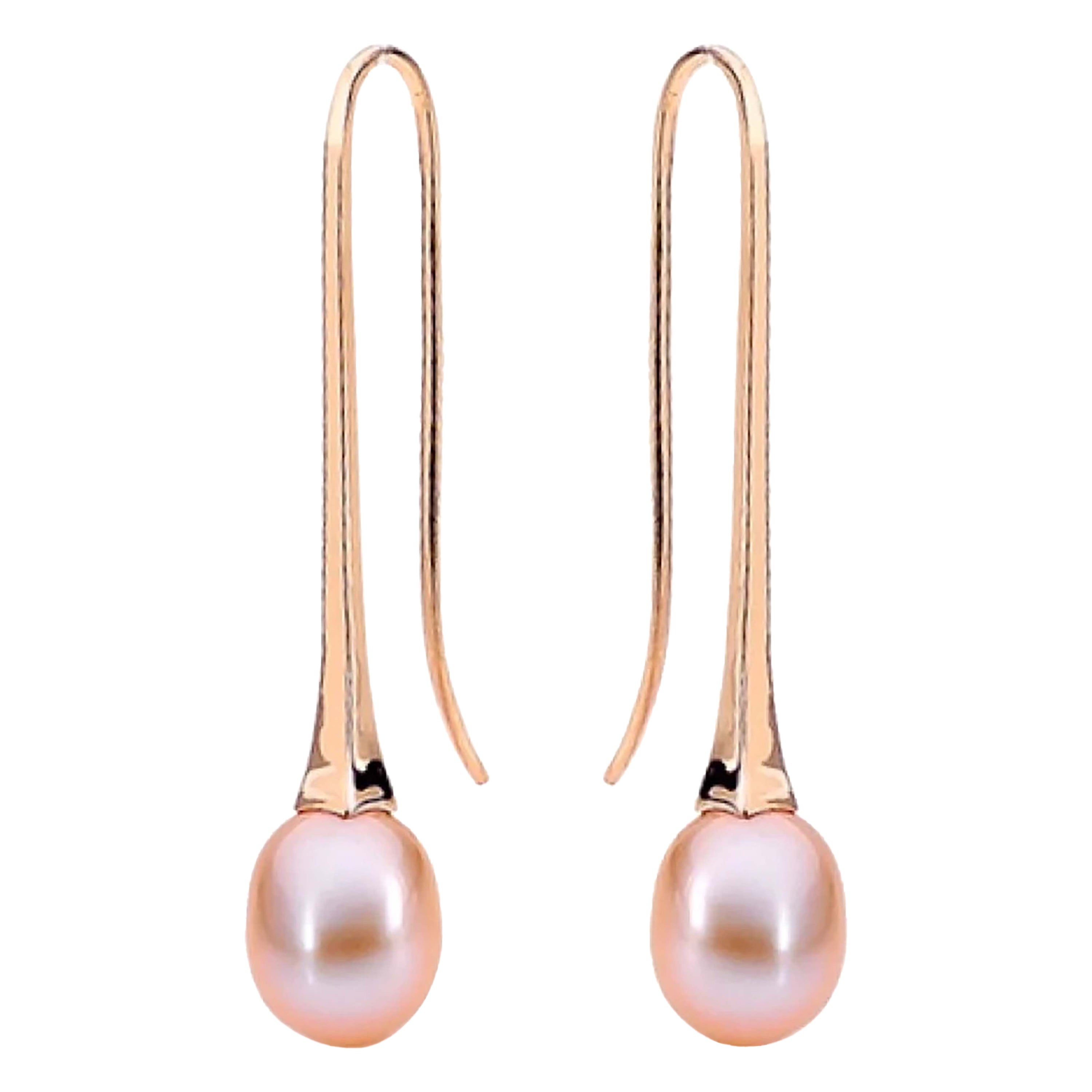 9k Rose Gold Pink Natural Freshwater Pearl Long Drop Earrings For Sale