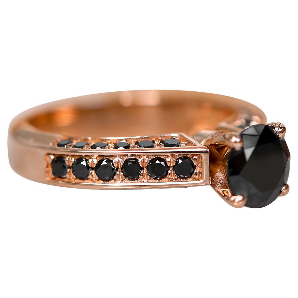 Natural 2 Carats Round Black Diamond Art Deco 14k Rose Gold Diamond Ring For Sale
