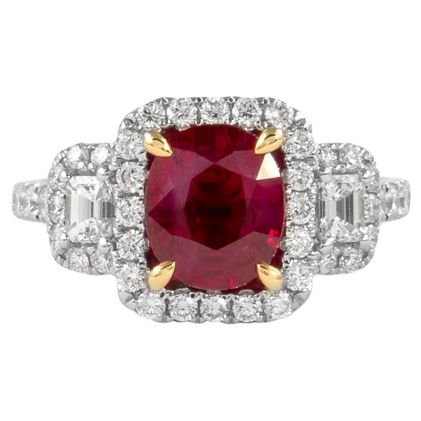 Alexander GIA 2.14 Carat Burmese Ruby & Diamond Three Stone Halo Ring 18k Gold For Sale